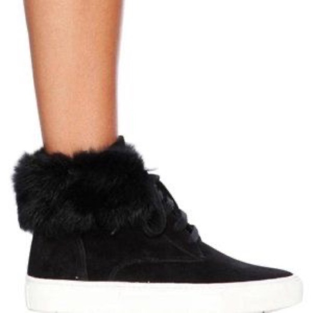 Vince black leather Nyack, high top sneakers with rabbit fur, trim 36/6